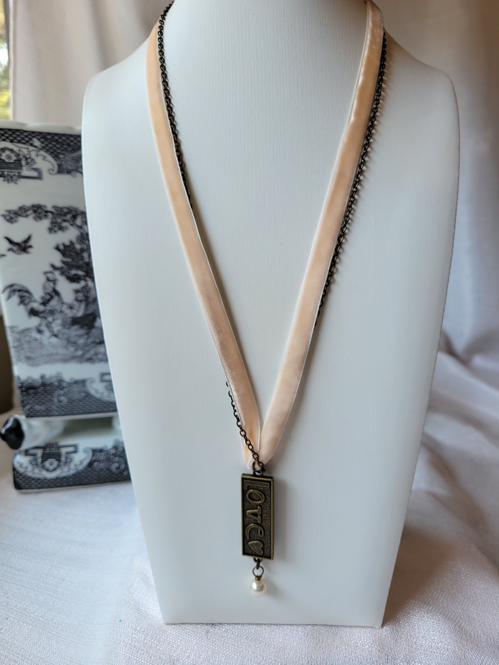 Love Pendant Necklace with Blush Velvet Ribbon